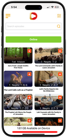 Phone screen displaying a religious app with video thumbnails and titles.
