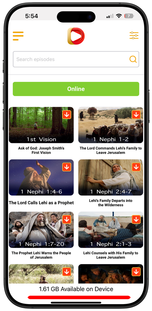 Phone screen displaying a religious app with video thumbnails and titles.